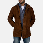 Men’s Brown Suede Leather Coat With Sherpa Lining – Winter Hooded Leather Jacket