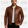 Men's Classic Brown Faux Leather Zip-Up Jacket – Premium Casual Outerwear