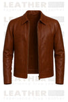 Men's Classic Brown Faux Leather Zip-Up Jacket – Premium Casual Outerwear
