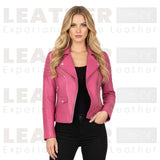 Blouson de moto en cuir rose matelassé pour femme – Style motard coupe slim