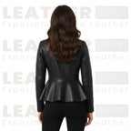 Women’s Premium Leather Peplum Jacket – High-Neck Tailored Silhouette
