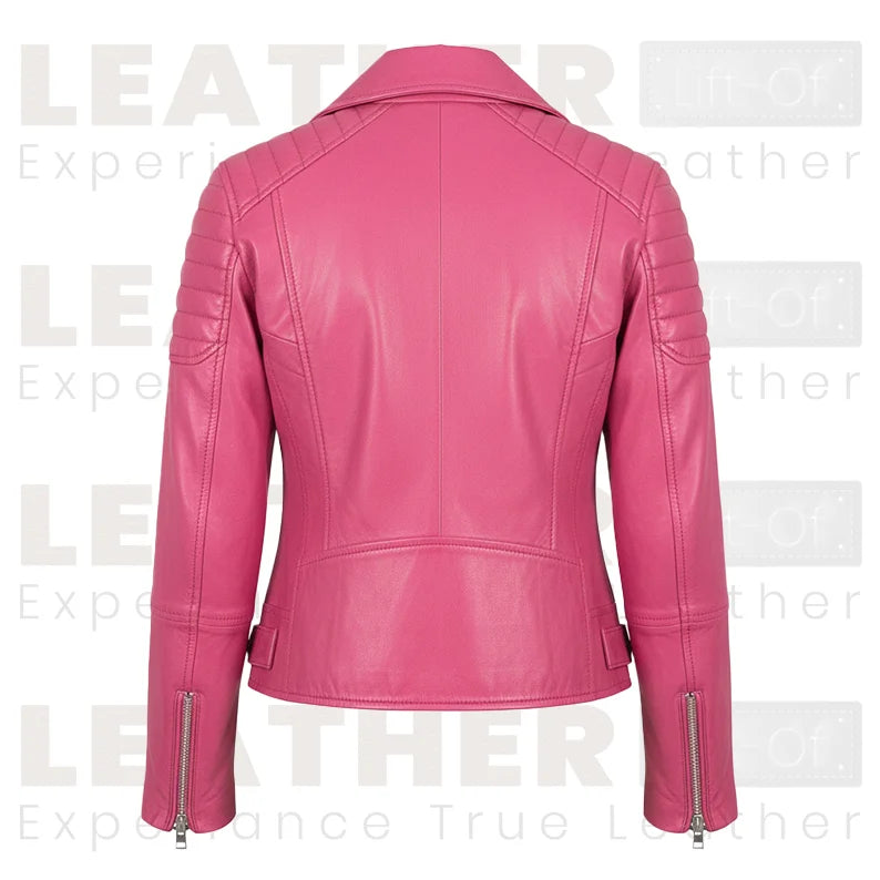 Blouson de moto en cuir rose matelassé pour femme – Style motard coupe slim