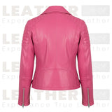 Blouson de moto en cuir rose matelassé pour femme – Style motard coupe slim