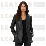 Women’s Leather Blazer Jacket | Black Double-Breasted Style