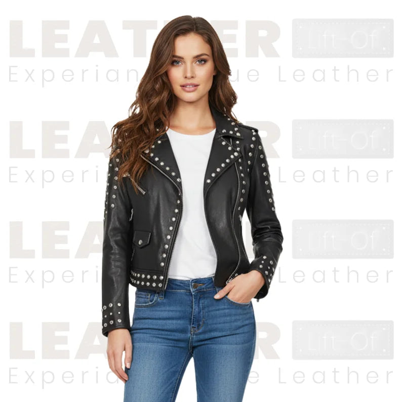 Blouson en cuir clouté de motard pour femme – Style moto noir