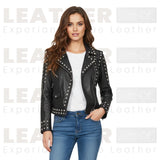 Blouson en cuir clouté de motard pour femme – Style moto noir