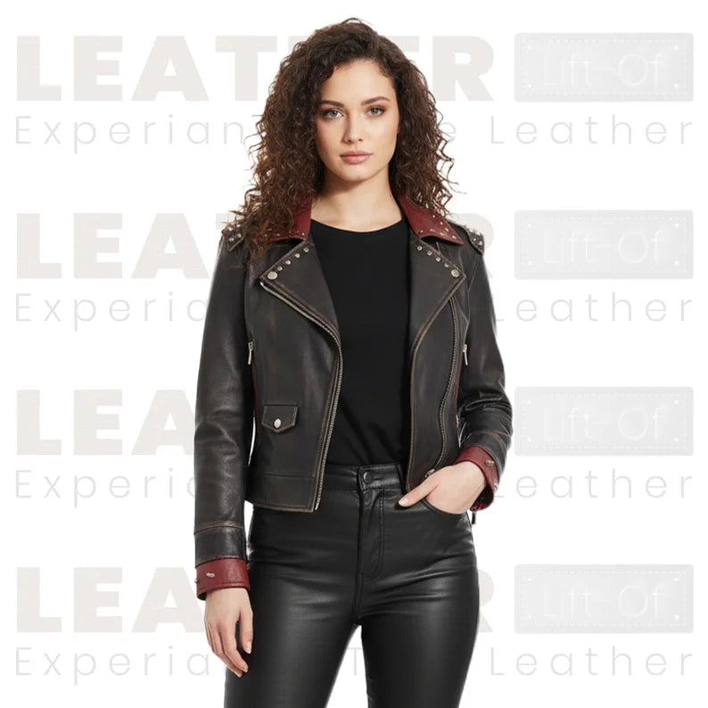 Damen Battle-Red Vintage Bikerjacke – Zweifarbige Leder-Motorradjacke