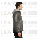 FLAVOR Brown Leather Motorcycle Jacket with Removable Hoodie