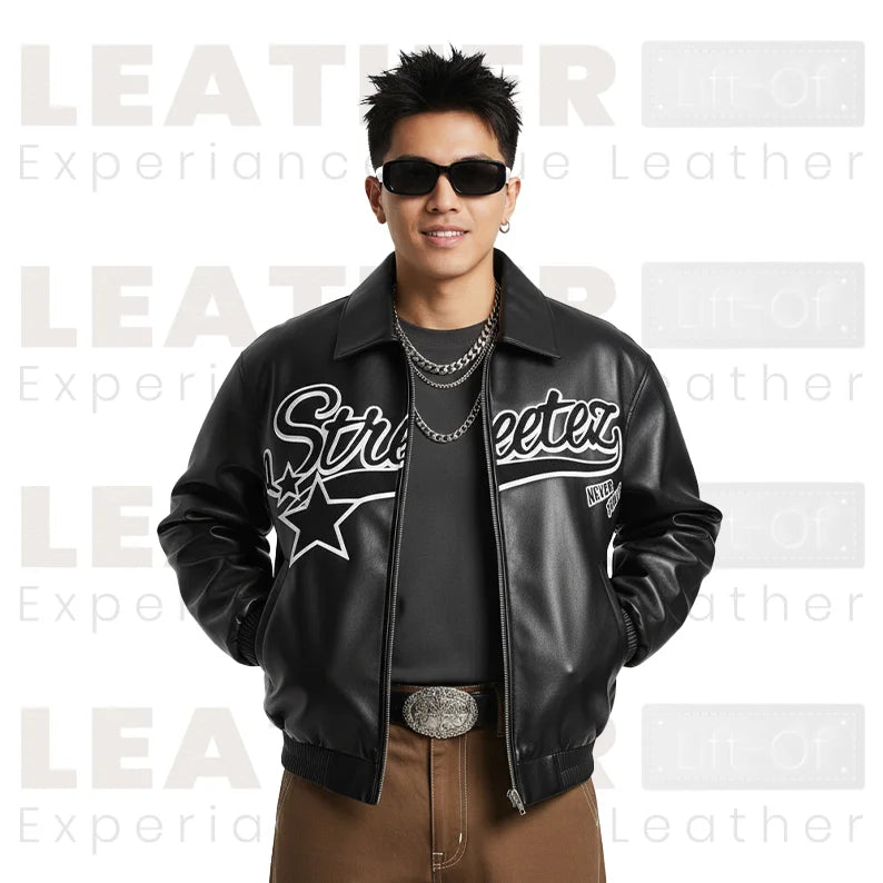 Blouson aviateur en similicuir style urbain avec lettrage pour homme – Vêtement d'extérieur motard zippé