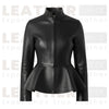 Women’s Premium Leather Peplum Jacket – High-Neck Tailored Silhouette