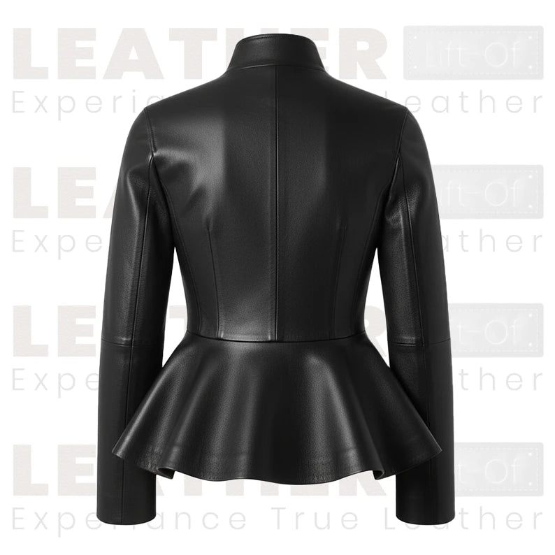 Veste Peplum en Cuir Premium pour Femme – Silhouette Ajustée à Col Montant