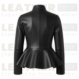 Veste Peplum en Cuir Premium pour Femme – Silhouette Ajustée à Col Montant