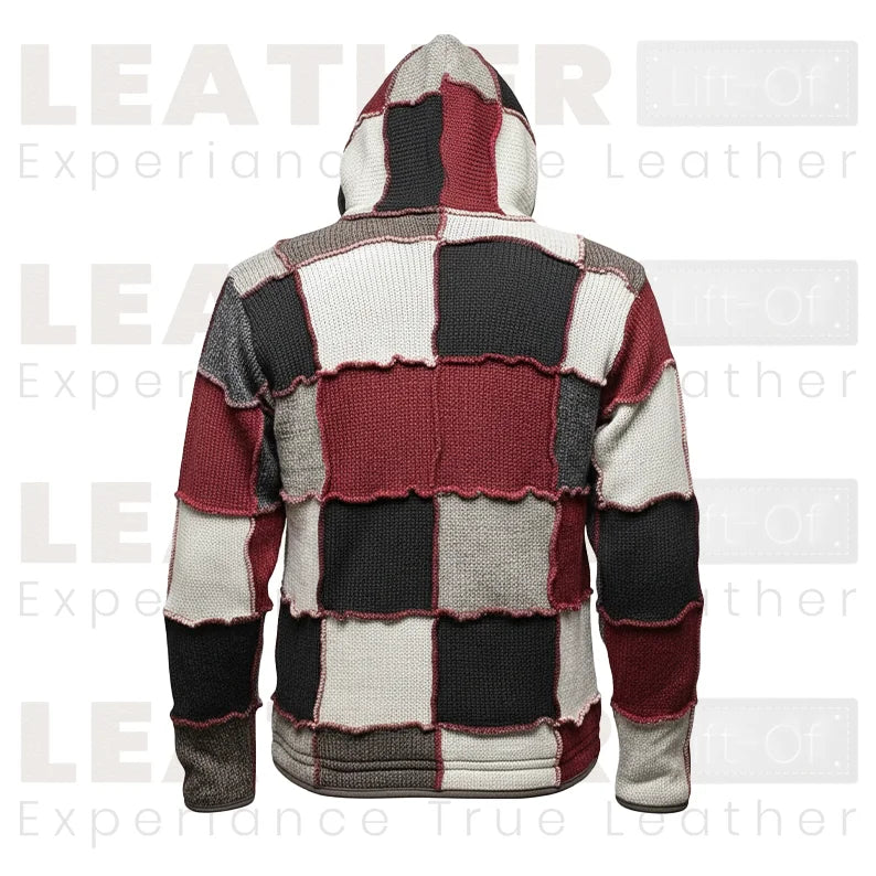 Patchwork-Strickjacke mit Kapuze – Mehrfarbige Winterjacke mit Reißverschluss