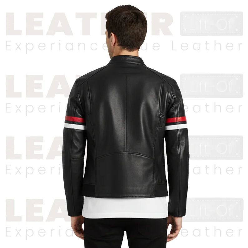 Herren-Motorradjacke aus Kunstleder – Biker-Oberbekleidung mit rot-weißem Streifen