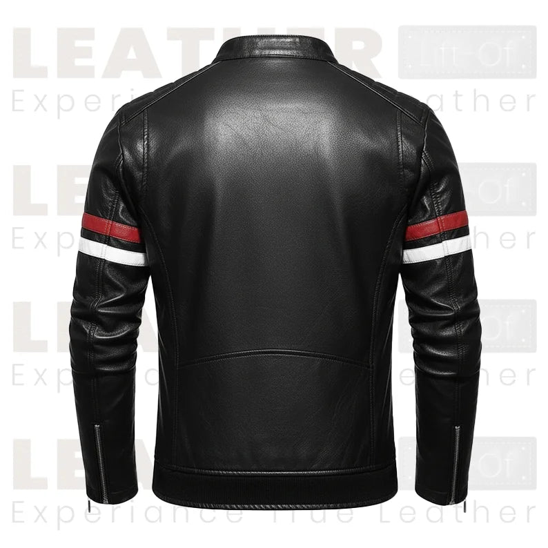 Herren-Motorradjacke aus Kunstleder – Biker-Oberbekleidung mit rot-weißem Streifen