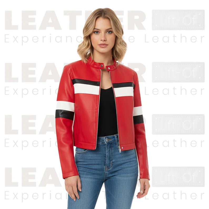 Damen Kurze Kunstleder-Motorradjacke Rot – Stehkragen-Stil