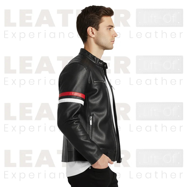 Herren-Motorradjacke aus Kunstleder – Biker-Oberbekleidung mit rot-weißem Streifen