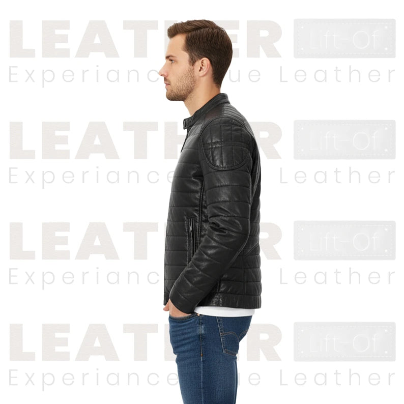 Schwarze gesteppte Bikerjacke aus Vintage-Leder für Herren