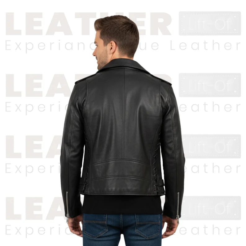 Schwarze Premium Biker-Lederjacke mit seitlicher Schnürung