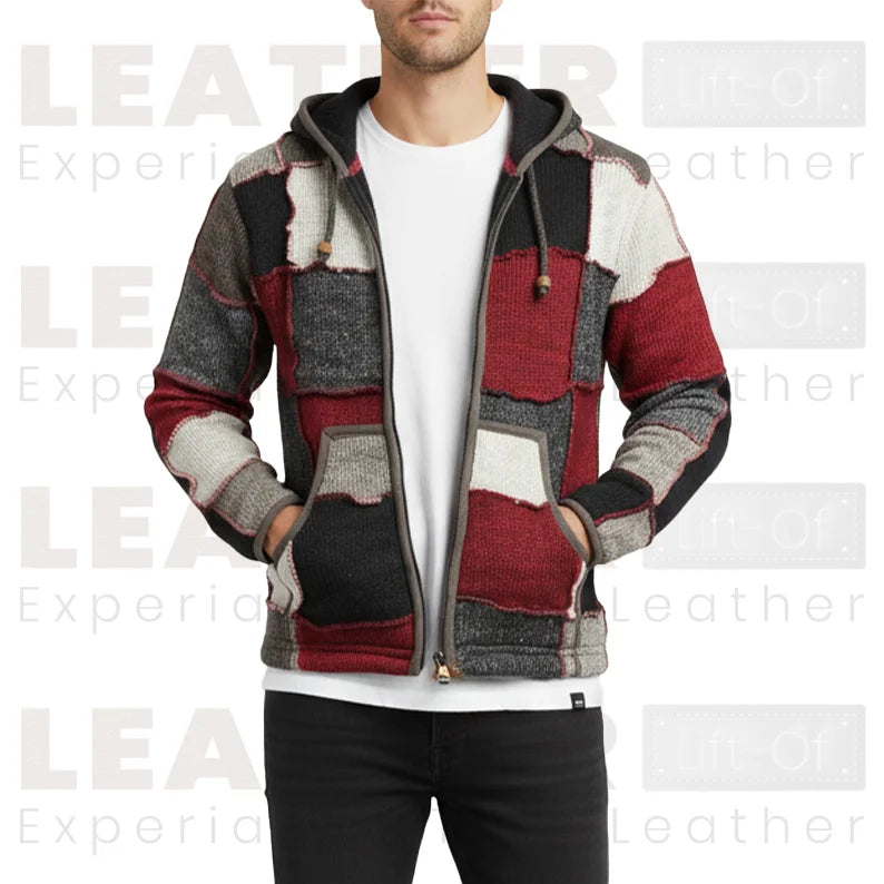 Patchwork-Strickjacke mit Kapuze – Mehrfarbige Winterjacke mit Reißverschluss