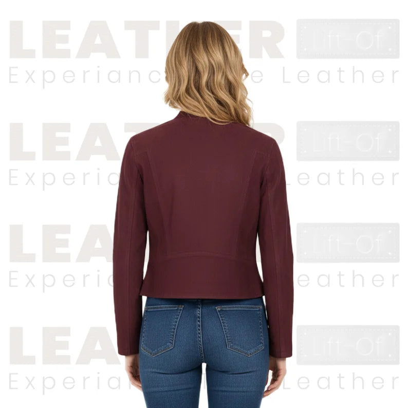 Blouson court en cuir bordeaux pour femme – Style motard zippé classique