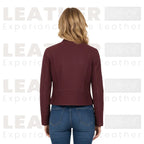 Women’s Burgundy Cropped Leather Jacket – Classic Zip Moto Style