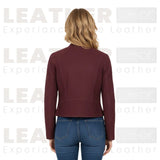 Blouson court en cuir bordeaux pour femme – Style motard zippé classique