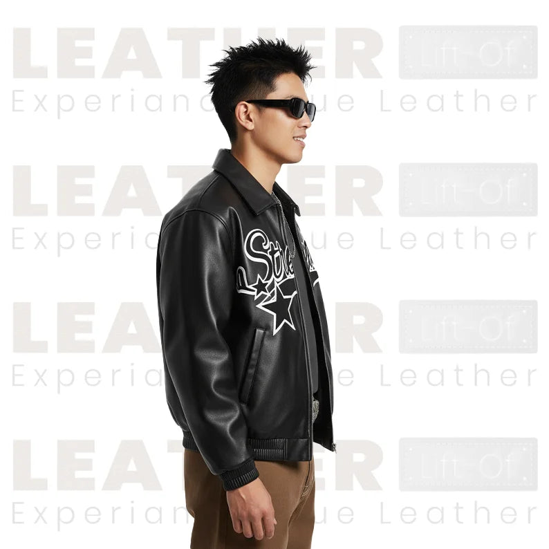 Blouson aviateur en similicuir style urbain avec lettrage pour homme – Vêtement d'extérieur motard zippé