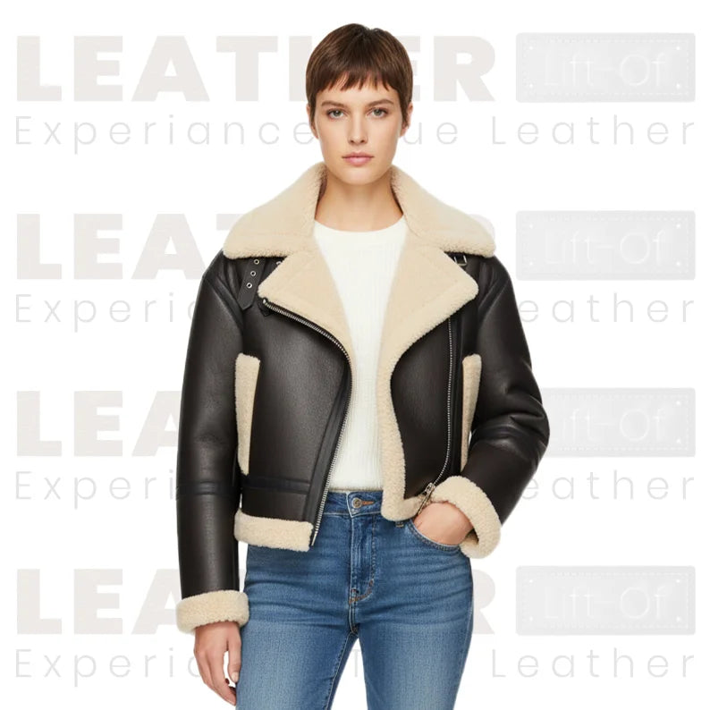 Damen Lederjacke mit Lammfellkragen – Wintermantel in Schokobraun