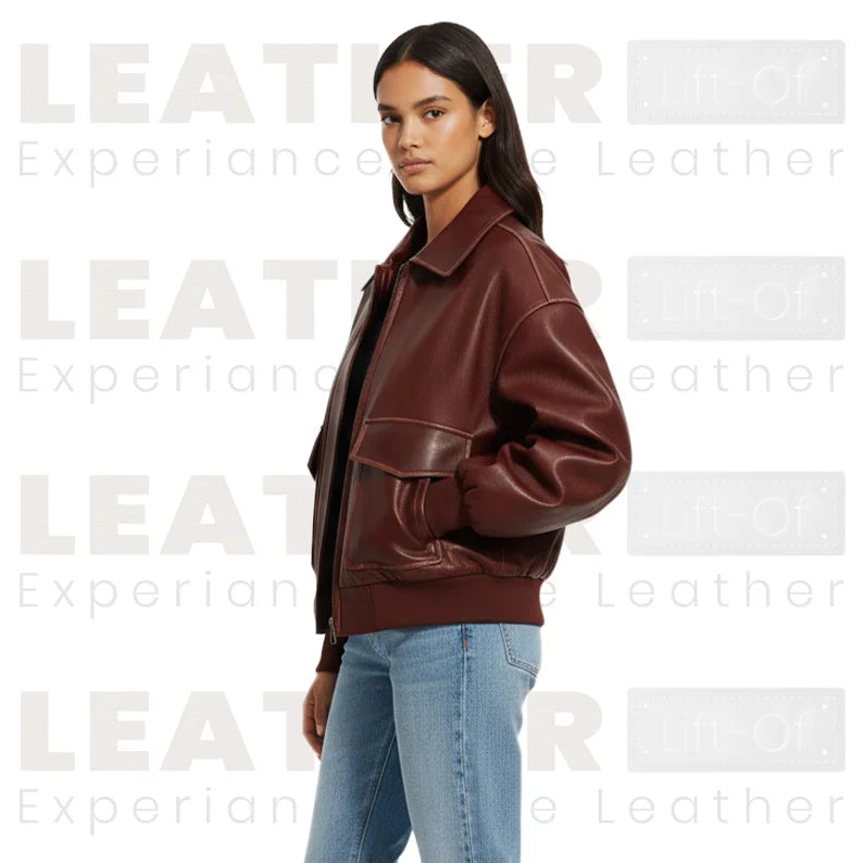Blouson bombardier oversize zippé en similicuir marron pour femme