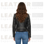 Women’s Studded Biker Leather Jacket – Black Moto Style