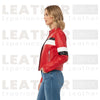 Women’s Red Cropped Moto Faux Leather Jacket – Stand Collar Style