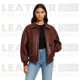 Blouson bombardier oversize zippé en similicuir marron pour femme