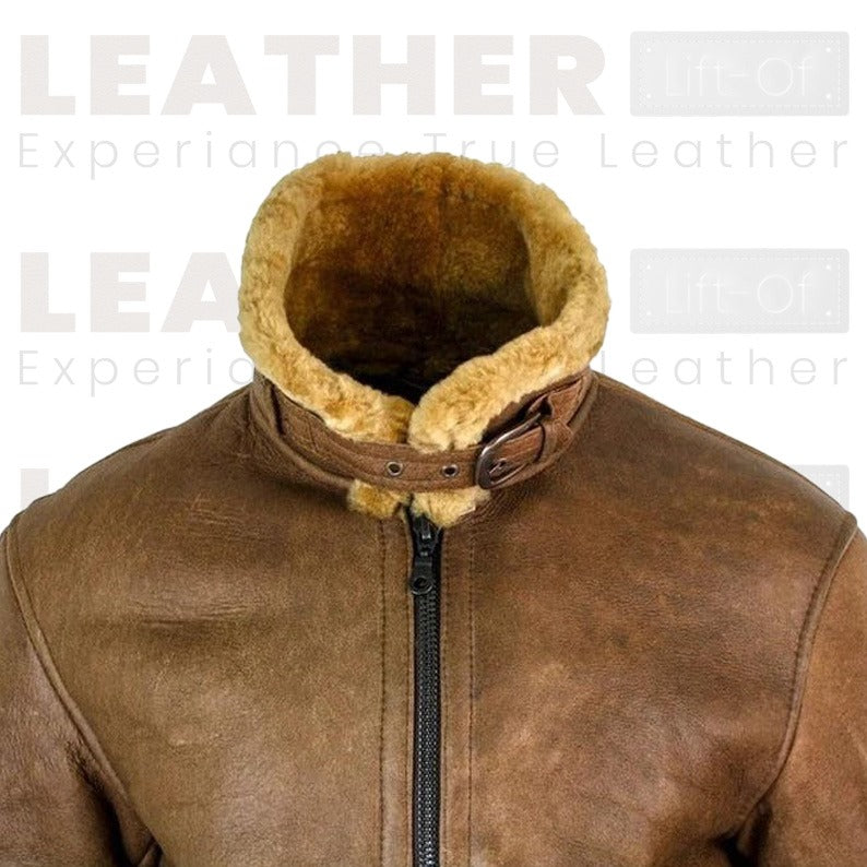 Men's Brown RAF Shearling Leather Jacket – Faux Sheepskin Lined Winter Coat