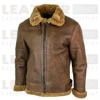 Men's Brown RAF Shearling Leather Jacket – Faux Sheepskin Lined Winter Coat