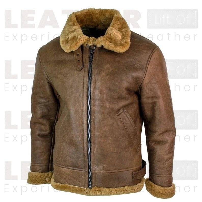 Men's Brown RAF Shearling Leather Jacket – Faux Sheepskin Lined Winter Coat