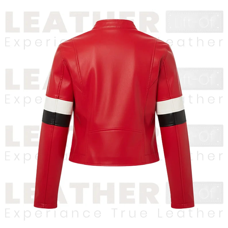 Damen Kurze Kunstleder-Motorradjacke Rot – Stehkragen-Stil