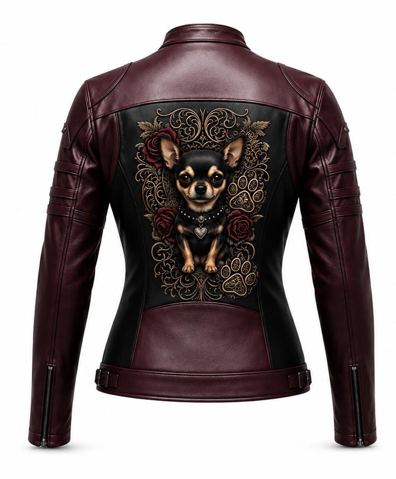 Women’s Burgundy Leather Motorcycle Jacket with Custom Embroidery – Chihuahua Graphic Biker Jacket
