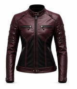 Women’s Burgundy Leather Motorcycle Jacket with Custom Embroidery – Chihuahua Graphic Biker Jacket