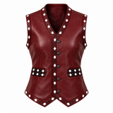 Women's The Warriors 1979 Inspired Vest – Burgundy Faux Leather Biker Waistcoat with Winged Skull Back, Halloween Cosplay Costume