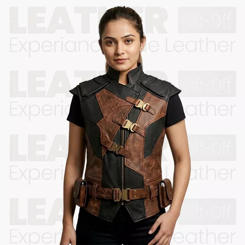 Person wearing a brown and black leather vest with a white background