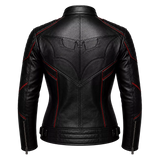 Women’s Black Bat Emblem Leather Biker Jacket | Red Trim Moto Jacket