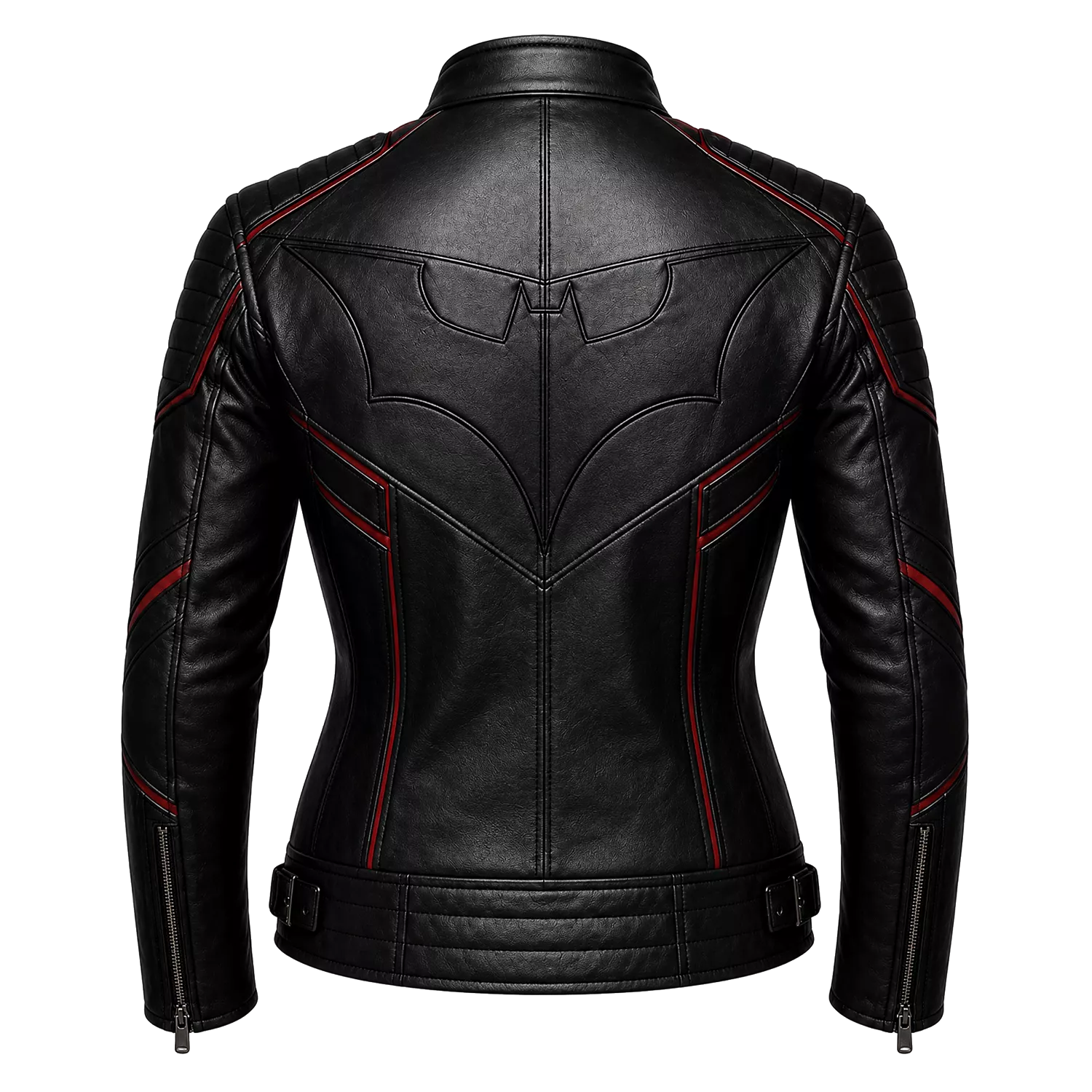 Women’s Black Bat Emblem Leather Biker Jacket | Red Trim Moto Jacket
