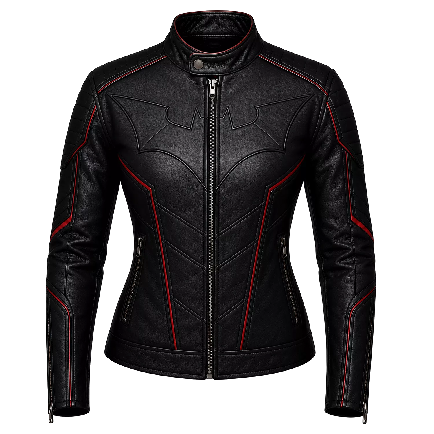 Women’s Black Bat Emblem Leather Biker Jacket | Red Trim Moto Jacket