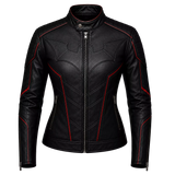 Women’s Black Bat Emblem Leather Biker Jacket | Red Trim Moto Jacket