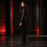 Women’s Black Bat Emblem Leather Biker Jacket | Red Trim Moto Jacket