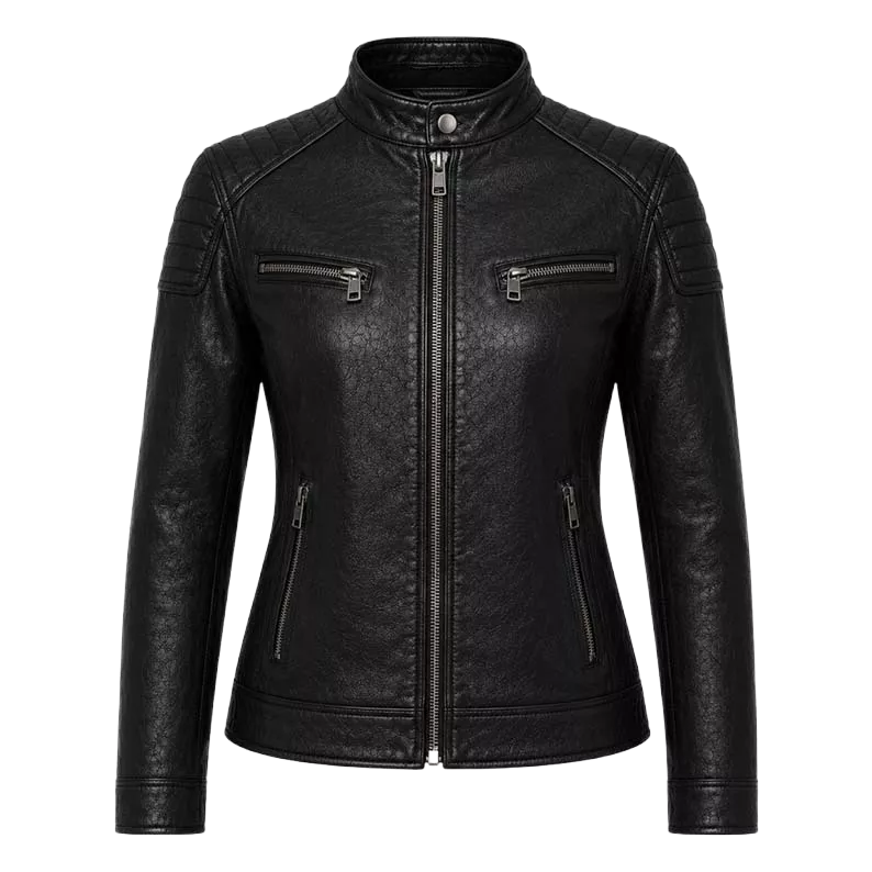 Women’s Black Biker Leather Jacket – Quilted Shoulder Café Racer Jacket