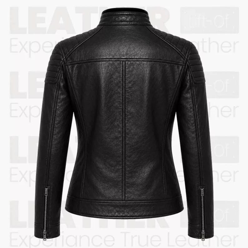 Women’s Black Biker Leather Jacket – Quilted Shoulder Café Racer Jacket