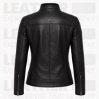 Blouson de motard en cuir noir matelassé pour femme – style Café Racer