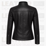 Women’s Black Biker Leather Jacket – Quilted Shoulder Café Racer Jacket
